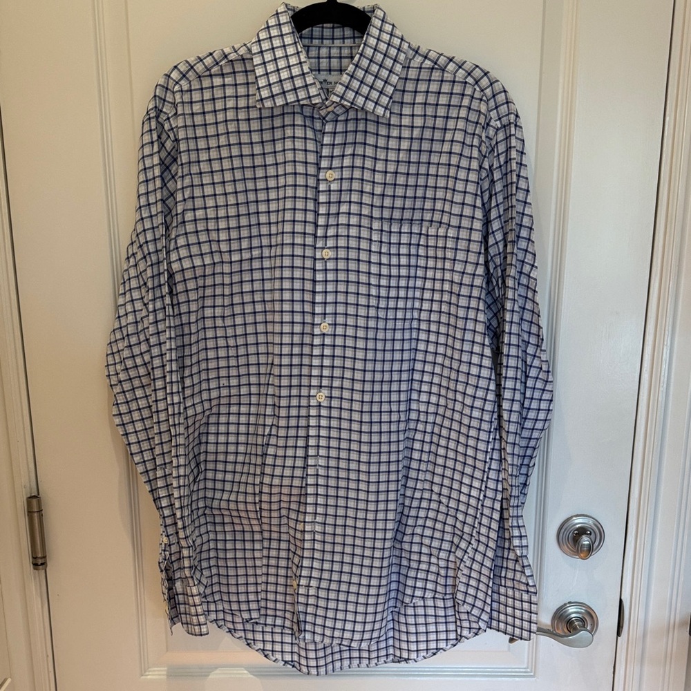 Peter Millar Navy and White Plaid Shirt